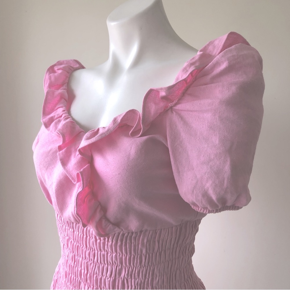 Zara Pink Linen Blend V Neck Ruffled Mini Dress, XS - Picture 7 of 11